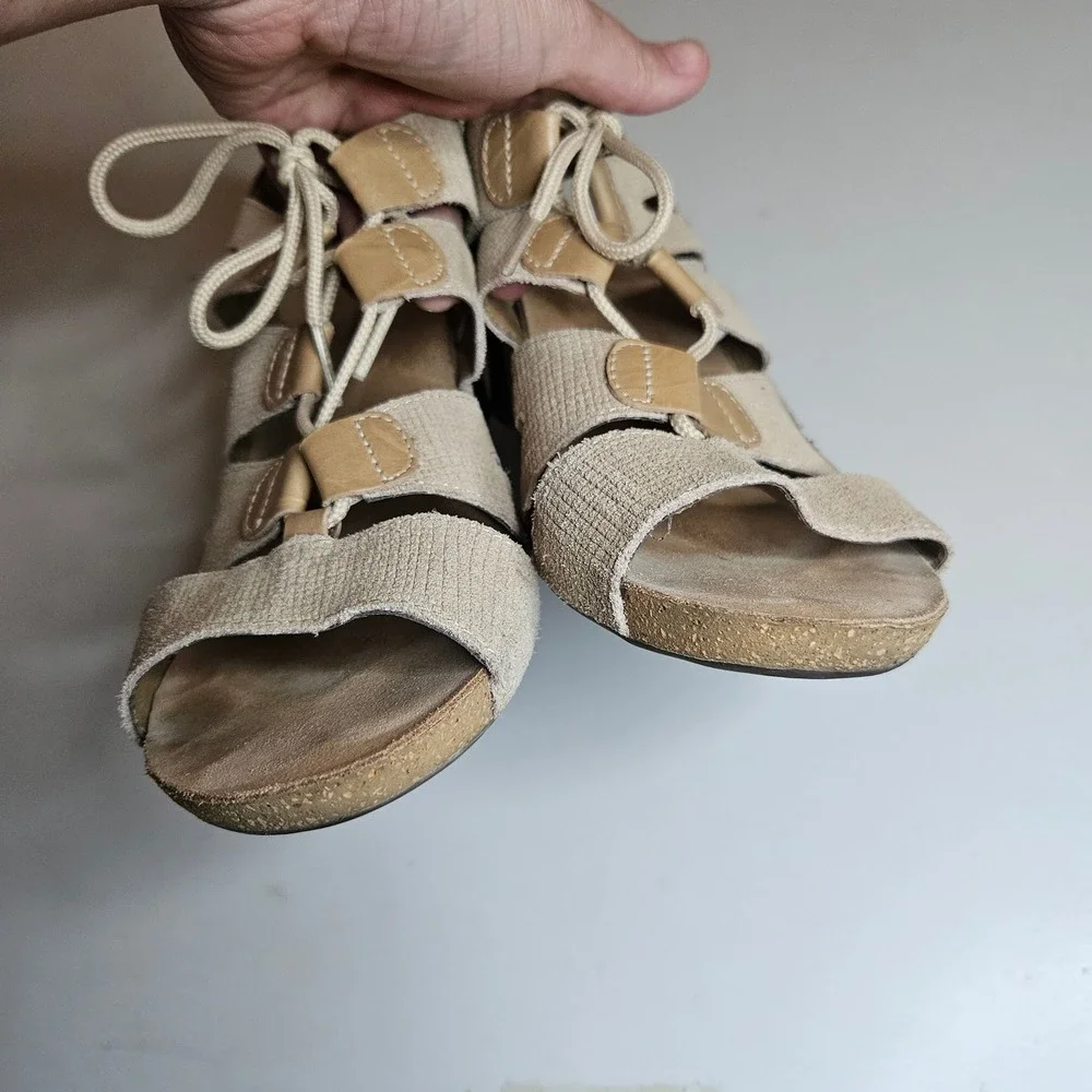 Josef Seibel Tonga Beige Leather Lace Up Strappy Sandal Heel‎ Womens 39 US 8 8.5